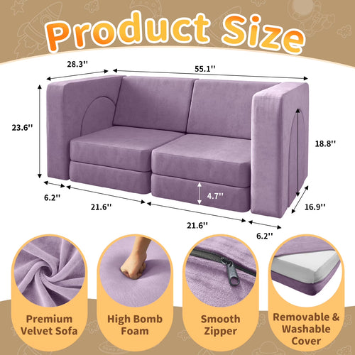 Kids Sofa Couch 10PCS,  Modular Toddler Couch for Playroom, Dutch Velvet Multifunctional Play Couch Sofa for Kids, Blueberry
