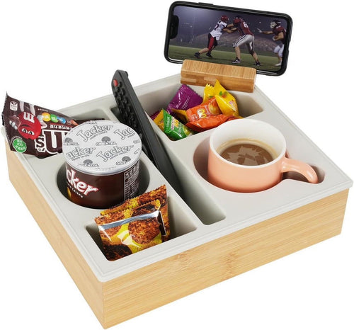 Couch Cup Holder Tray,  Handy Silicone Bamboo Couch Caddy with Rotatable Phone Holder for Bed Car Seat Organizer, Waterproof Anti-Spill Sofa Cup Holder for Snacks Beverage Remote (White)